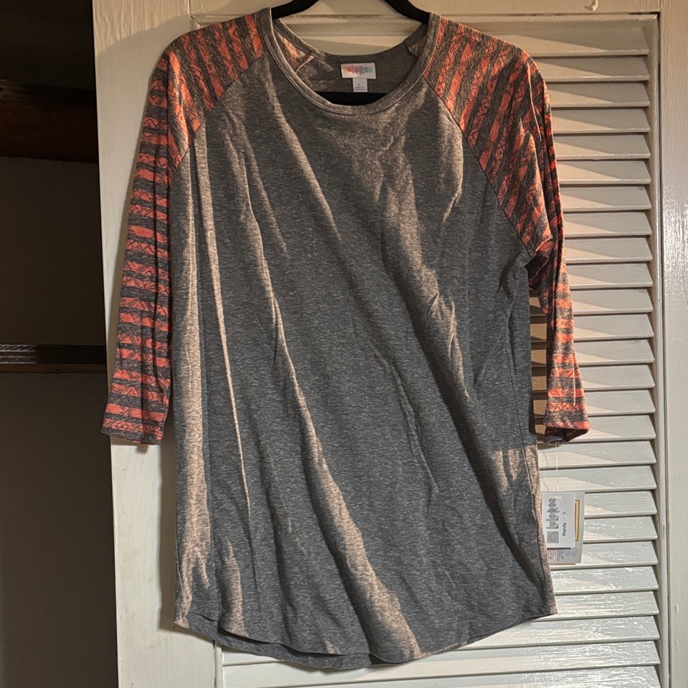 Lula Roe Gray and orange Striped Sleeve Raglan Randy Shirt